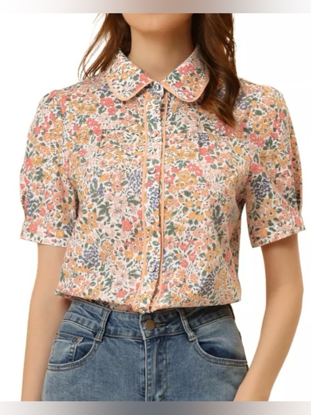 Women Peter Pan Collar Blouse Contrast Trim Puffy Sleeve Peasant Floral Shirt, M
